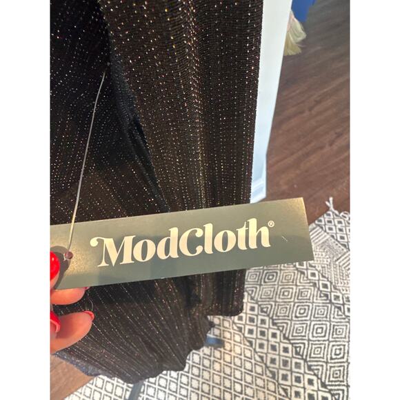 ModCloth Shimmer Metallic On Show Faux Wrap Dress Black Women's XS NWT - Picture 6 of 10